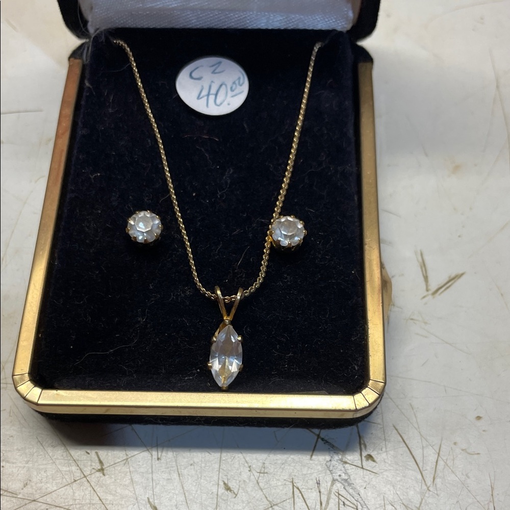 Gold Necklace and Earring Set with Crystal Accents